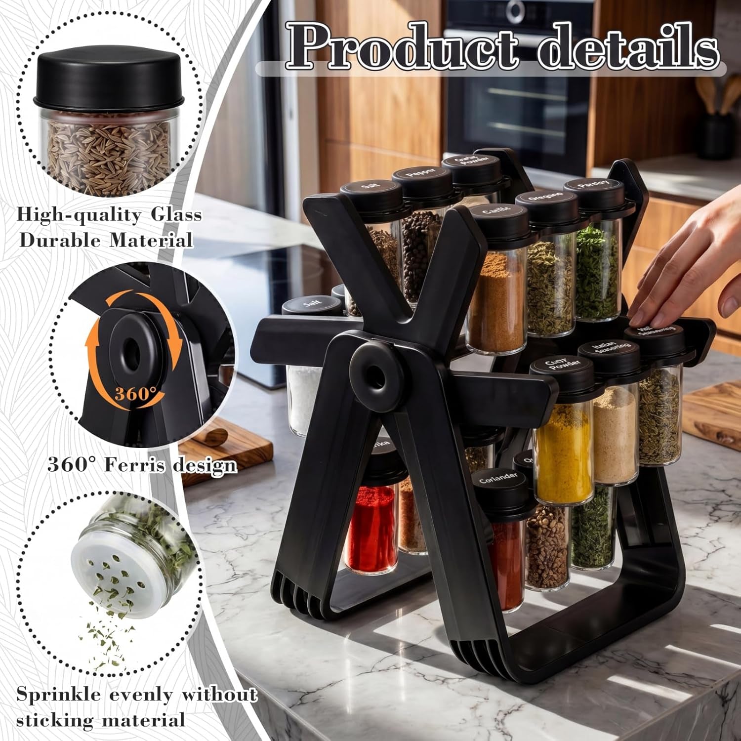 Ferris Wheel Rotating Spice Rack Seasoning Organizer with 18 Empty Jars, Spice Containers Set with Labels and Funnel, Revolving Seasoning Rack Black Kitchen Countertop Cabinet Accessories