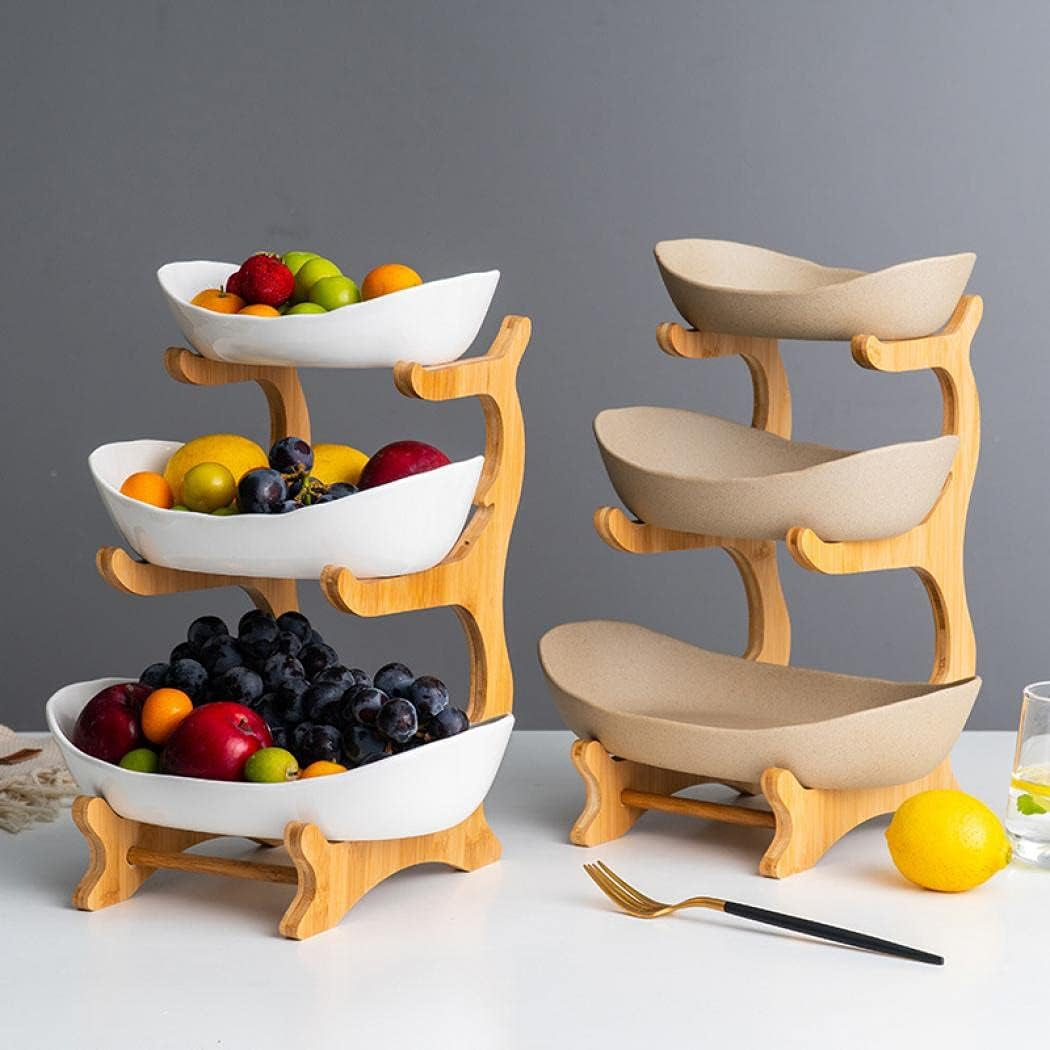 3 Tier Fruit Bowl with Bamboo Stand for Kitchen Counter,Ceramic Fruit Basket Large Capacity for Fruit Vegetable Storage,Snack Dessert Cake Tray Plate Rack for Party Wedding (White)