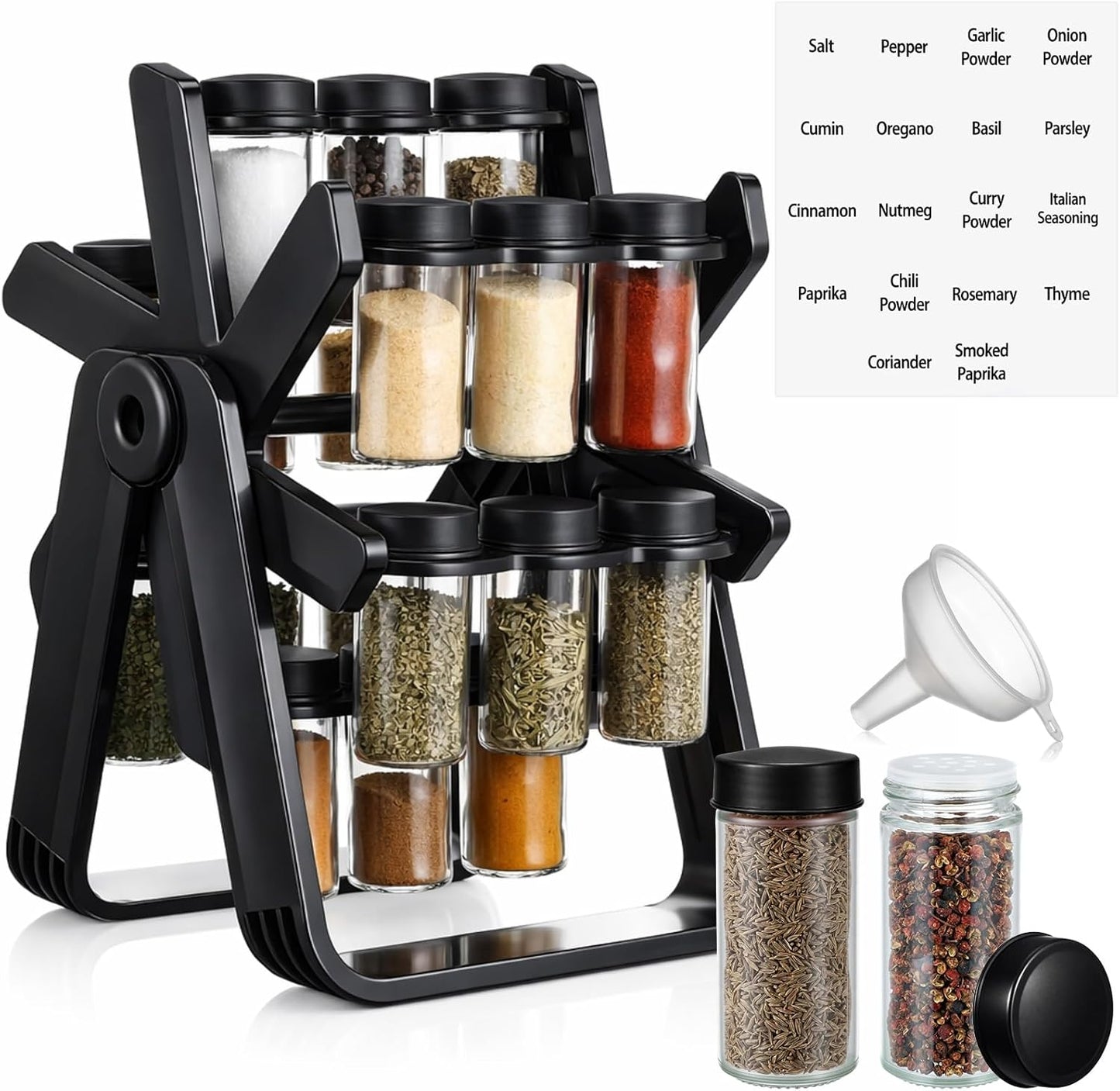 Ferris Wheel Rotating Spice Rack Seasoning Organizer with 18 Empty Jars, Spice Containers Set with Labels and Funnel, Revolving Seasoning Rack Black Kitchen Countertop Cabinet Accessories