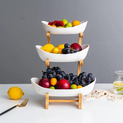 3 Tier Fruit Bowl with Bamboo Stand for Kitchen Counter,Ceramic Fruit Basket Large Capacity for Fruit Vegetable Storage,Snack Dessert Cake Tray Plate Rack for Party Wedding (White)